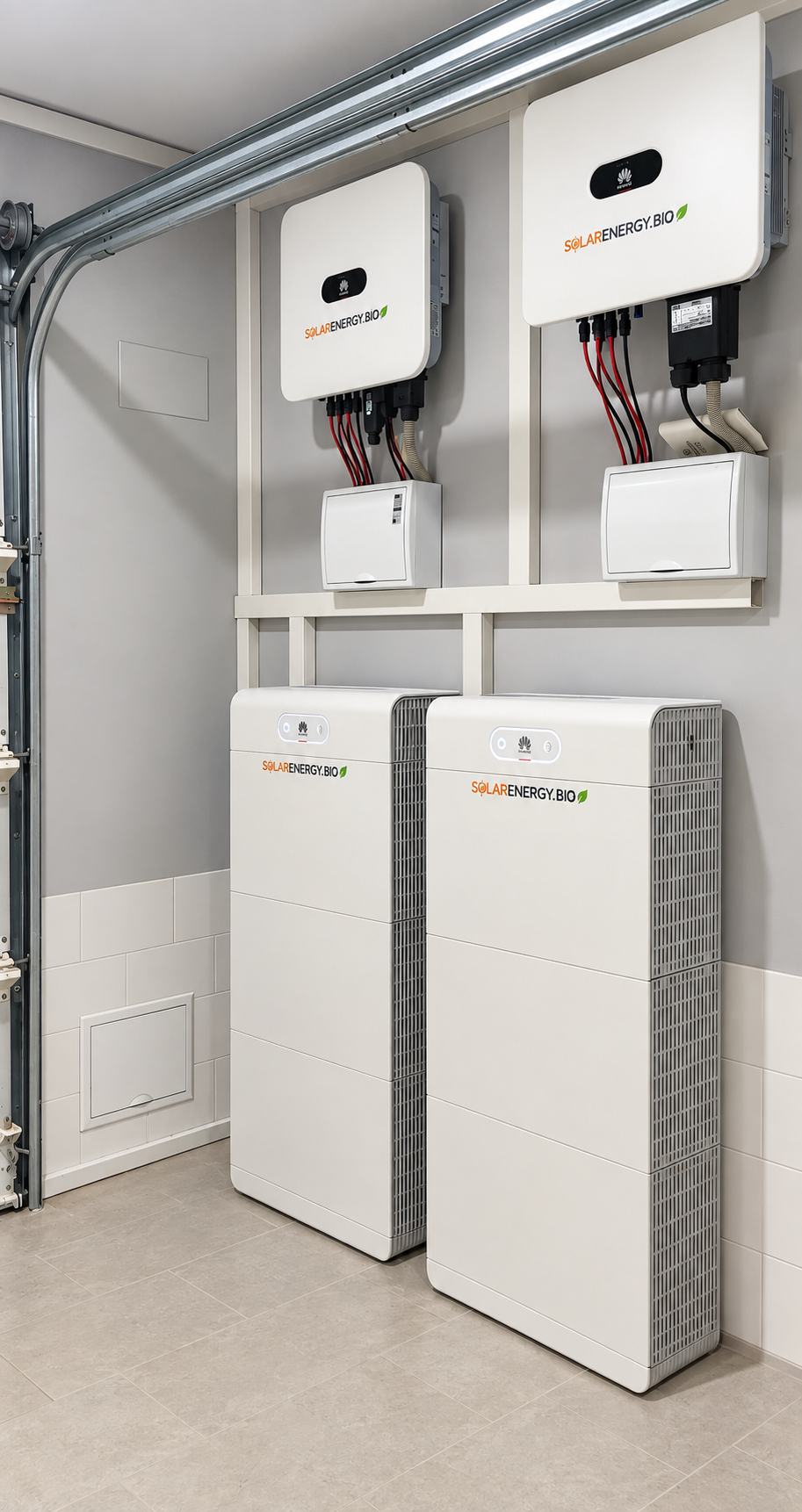 Dos inversores y dos unidades de almacenamiento de batería que sirven al sistema de energía renovable de la villa