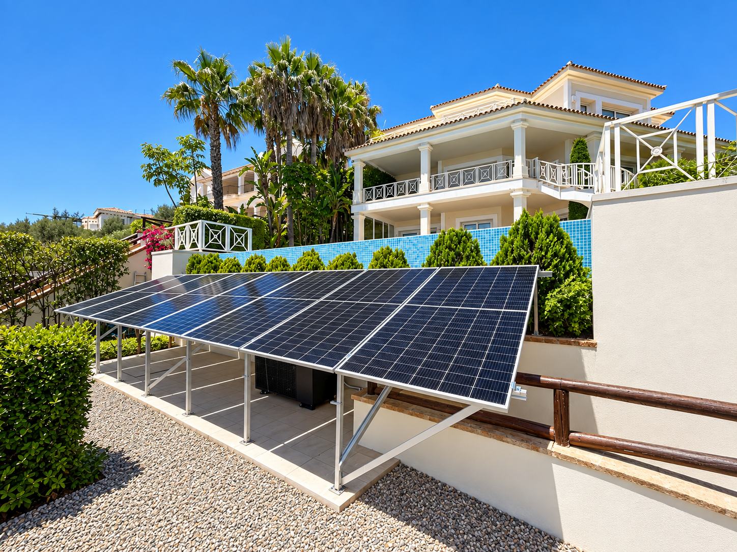 Paneles solares fotovoltaicos instalados junto a la piscina infinita de la villa